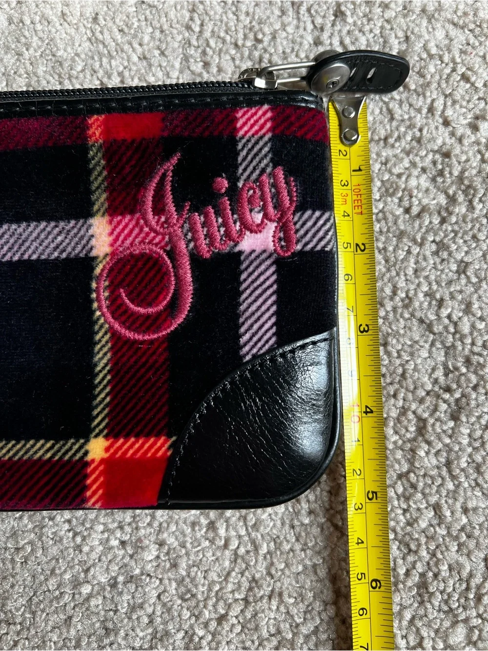 Juicy Couture Black Plaid Wristlet with Pink Embroidery